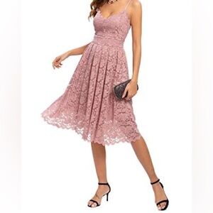 Nude pink Spaghetti strap lace v-neck midi dress